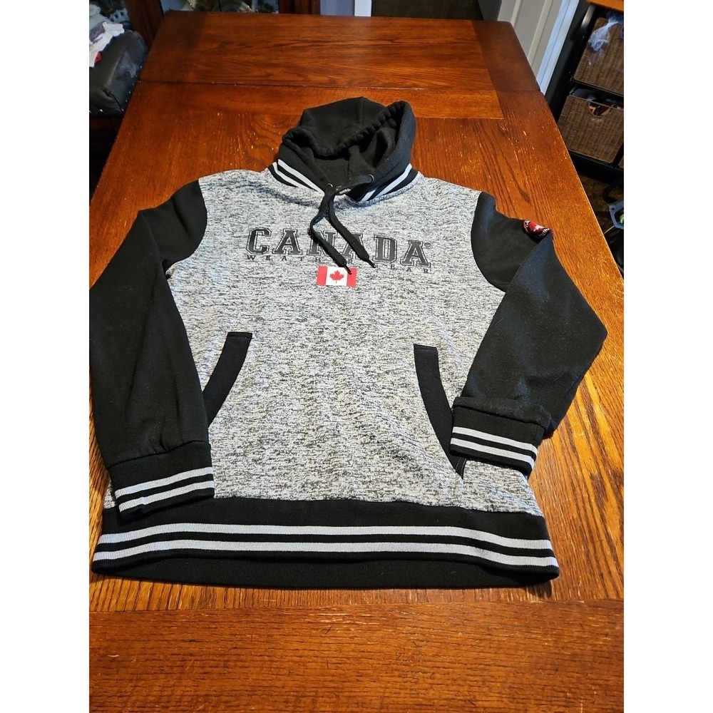 Canada Weather Gear Mens Hoodie Sweatshirt Gray/Blk Size Lg Front Spellout (A943
